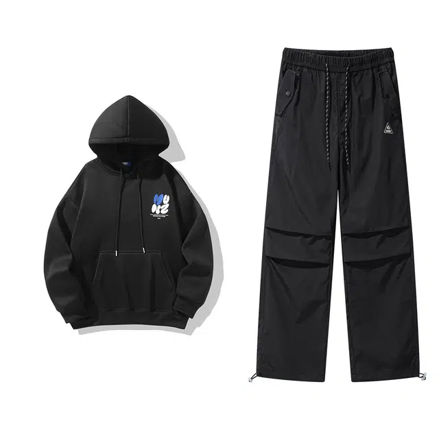 星际者 字母印花简约连帽套头长袖上衣户外阔腿直筒美式高街工装裤卫衣套装 男女同款