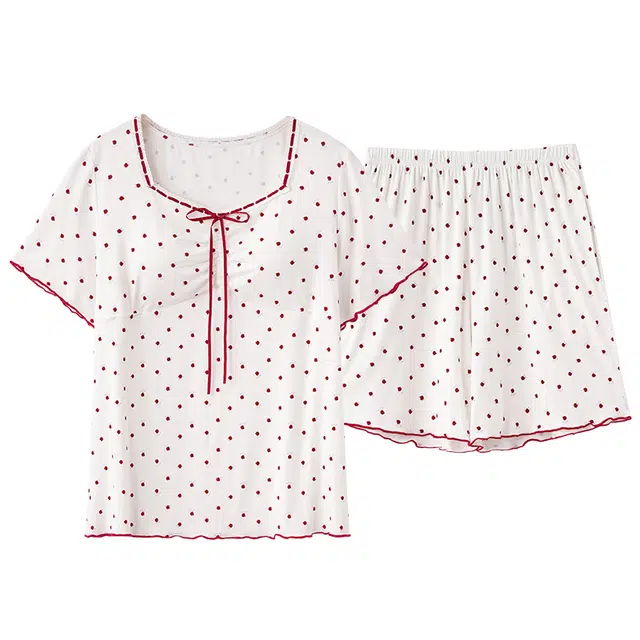 俏薇妮 简约时尚柔软蝴蝶结领口高级感带胸垫短袖家居服舒适透气休闲宽松凉感可外穿睡衣套装 女款 米白色