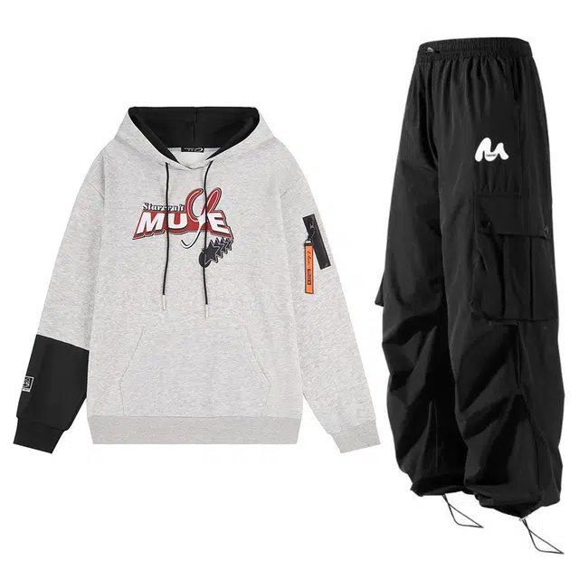 星际者 拼色基础款休闲宽松可抽绳两穿工装裤卫衣套装 男女同款