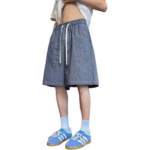 物质公式 美式复古格子条纹小众设计高级感宽松日常通勤透气速干简约五分裤直筒百搭系带抽绳休闲短裤 男女同款