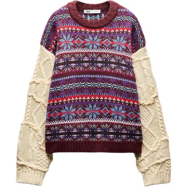 ZARA Jacquard Patchwork Crewneck Sweater
