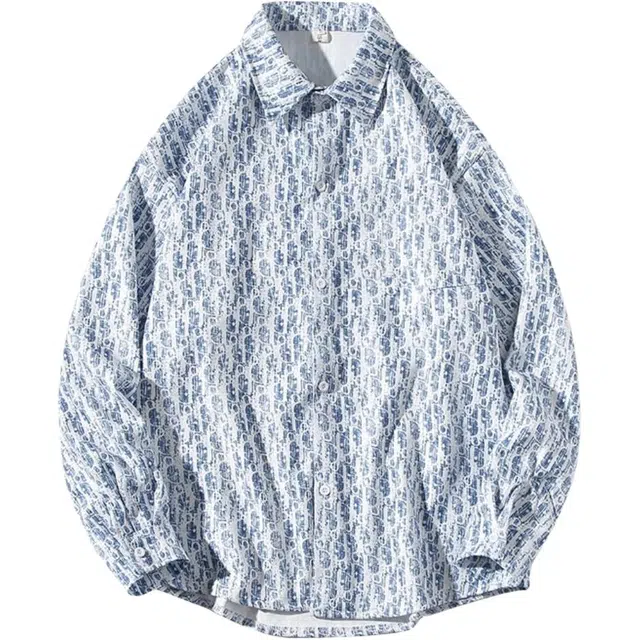 一碗士多 小香风提花满印美式高街复古宽松百搭长袖潮牌上衣衬衫 男女同款