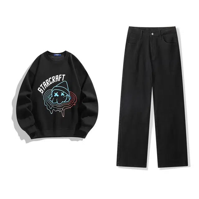 星际者 基础款时尚圆领长袖上衣直筒高街做旧长裤卫衣套装 男女同款