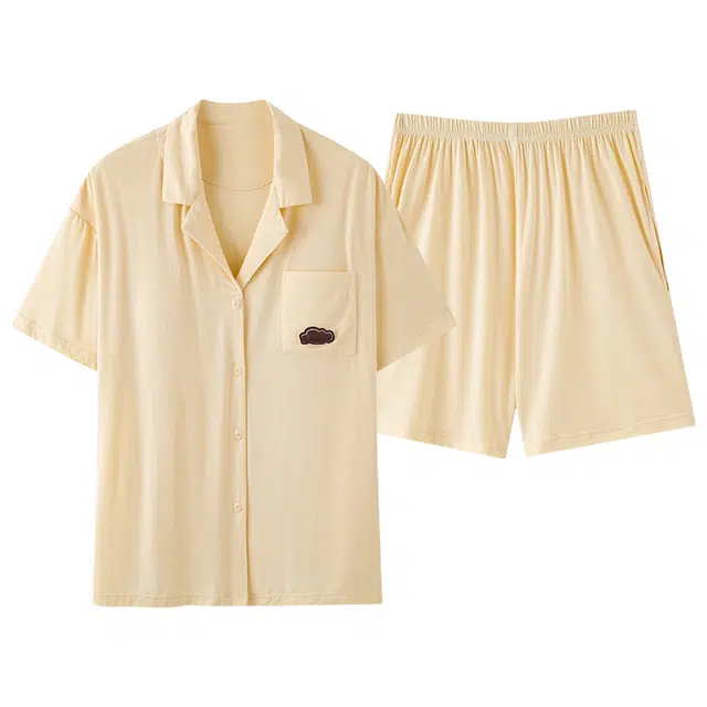 俏薇妮 柔软简约纯色高级感短袖翻领家居服舒适透气休闲凉感可外穿睡衣套装 男女同款 图片色