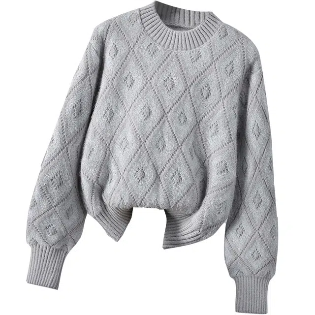 她池 甜美宽松圆领撞色落肩长袖套头上衣毛衣 女款