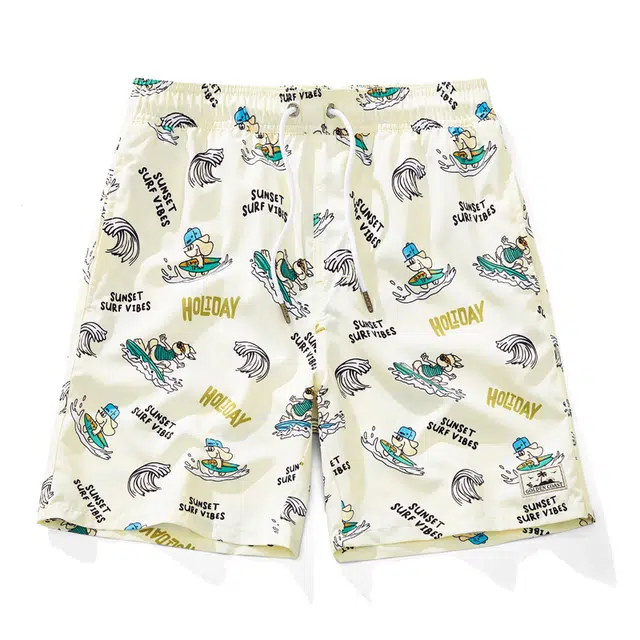 盖浪 冲浪狗印花速干宽松海边度假五分系带休闲短裤 男款