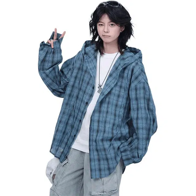 黑马漫画 美式复古格子轻薄速干休闲长袖衬衫 男女同款