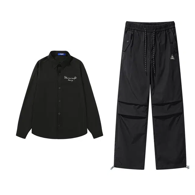 星际者 基础款字母印花纯色简约休闲长袖上衣潮流城市户外大口袋宽松工装裤衬衫套装 男女同款