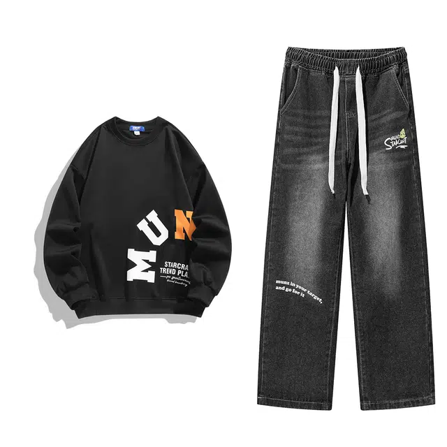 星际者 基础款涂鸦印花百搭直筒牛仔裤卫衣套装 男女同款