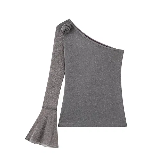 周淼 短款斜肩 手工玫瑰花朵网纱袖银丝针织衫 女款