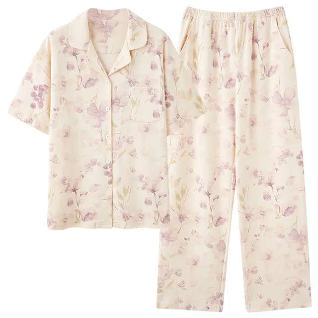 莫代尔 舒适百搭翻领休闲短袖上衣家居服可外穿长裤睡衣套装 女款 浅紫色