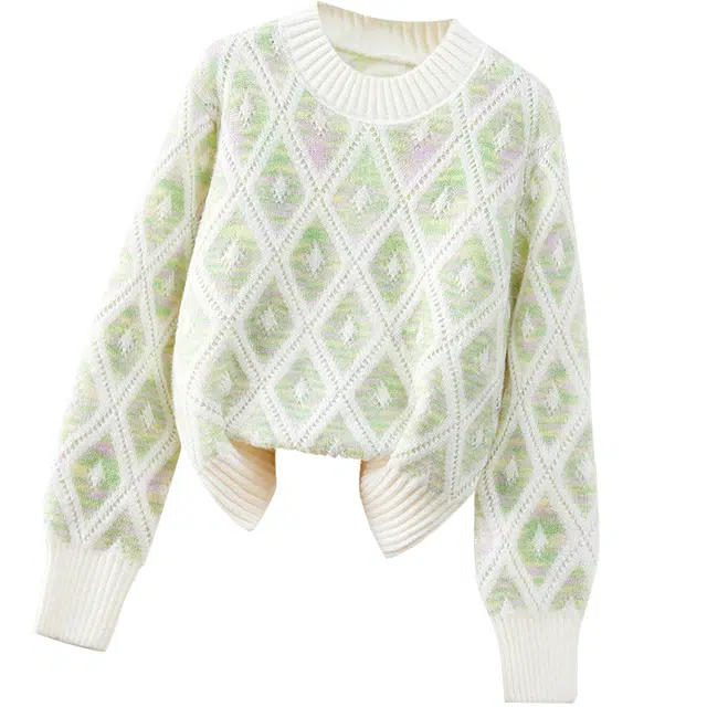 她池 甜美宽松圆领撞色落肩长袖套头上衣毛衣 女款