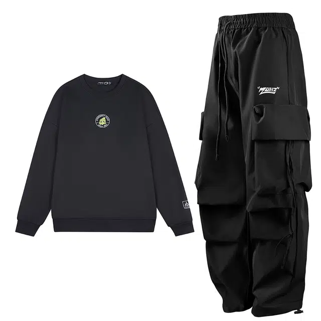 星际者 双面章鱼印花纯色基础款休闲圆领宽松阔腿可抽绳两穿工装裤卫衣套装 男女同款