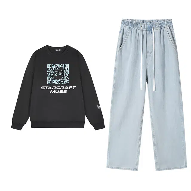 星际者 基础款卡通印花圆领时尚潮流上衣简约直筒复古做旧美式高街牛仔裤卫衣套装 男女同款