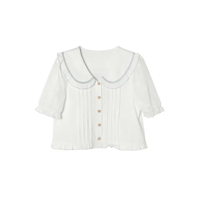 花栗鼠小姐 纯色花边娃娃领单排扣短袖衬衫 女款 巴本堡甜心