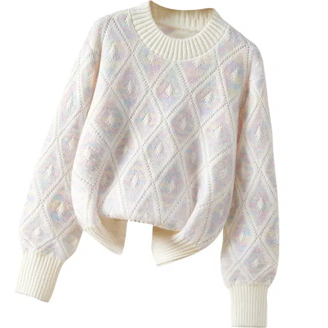 她池 甜美宽松圆领撞色落肩长袖套头上衣毛衣 女款