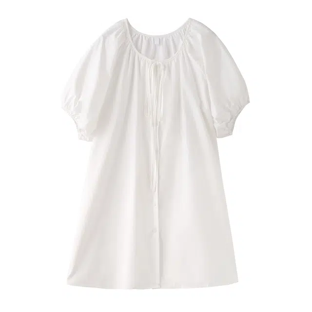 花栗鼠小姐 甜美小清新学院风领口系带泡泡袖宽松遮肉中长款娃娃衫衬衫 女款 温柔白