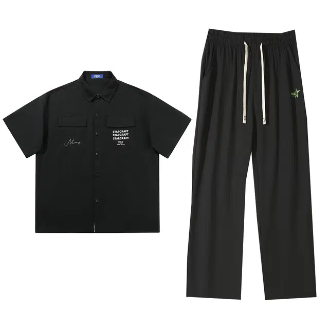星际者 翻领短袖衬衫纯色长裤休闲运动套装 男女同款