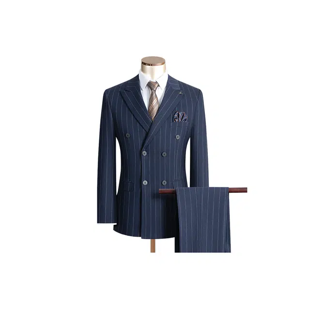 富铤 经典条纹时尚高级日常通勤百搭纽扣外套直筒裤两件套西装套装 男款