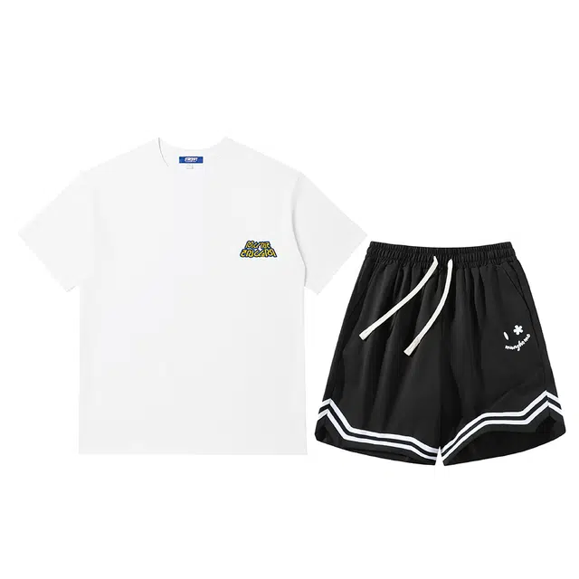 星际者 简约圆领字母印花短袖透气五分裤休闲运动套装 男女同款