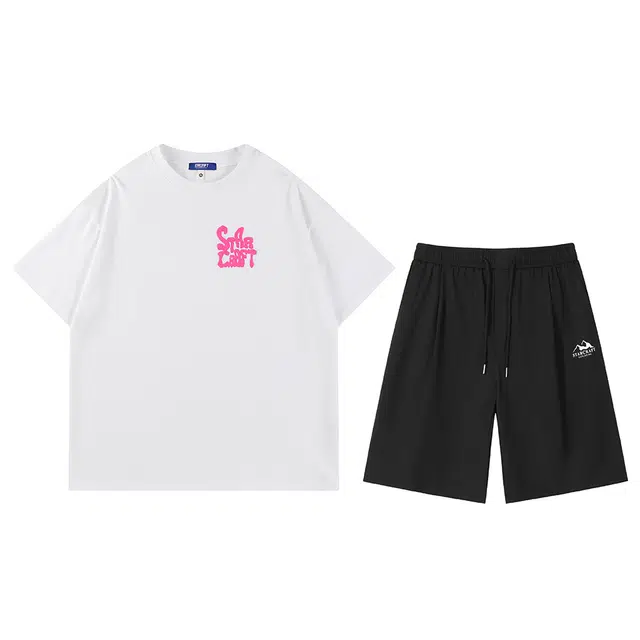 星际者 基础款简约套头字母印花短袖街头潮牌中性风中腰系带短裤休闲运动套装 男女同款
