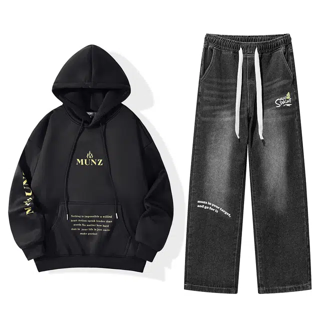 星际者 时尚印花宽松上衣直筒百搭牛仔裤卫衣套装 男女同款