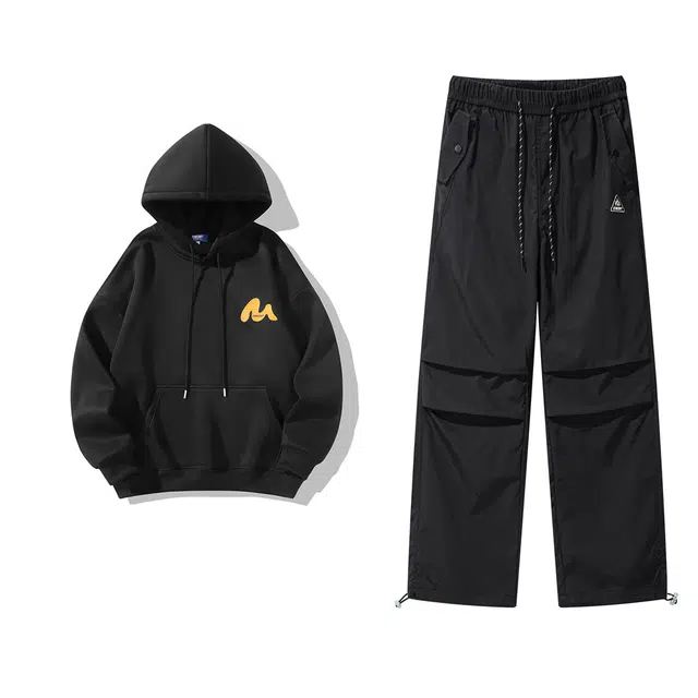 星际者 基础款简约字母印花纯色户外登山学生阔腿直筒美式高街工装裤卫衣套装 男女同款