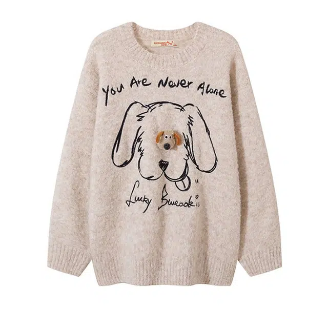 红蜻蜓 休闲可爱小狗字母印花圆领套头长袖毛衣 男女同款 杏色
