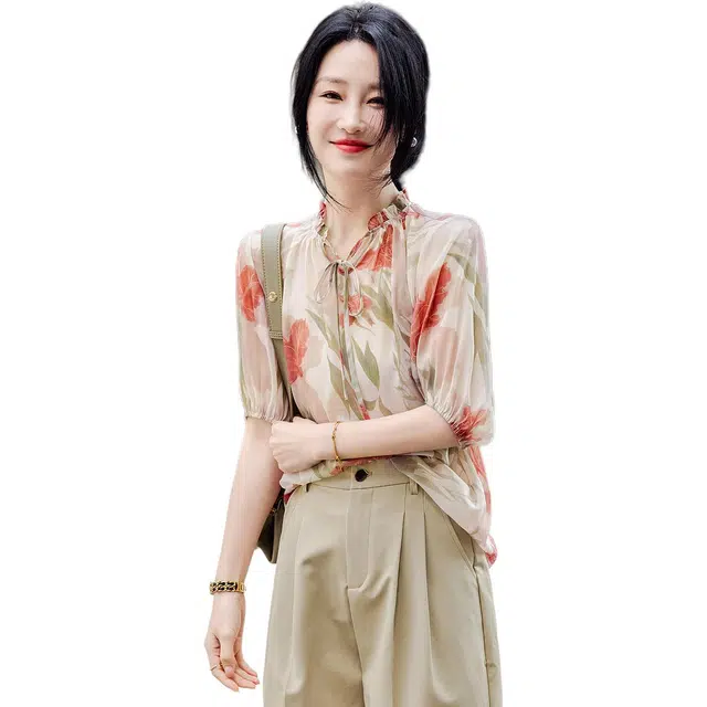 【dme】 圆领泡泡袖宽松飘逸雪纺印花短袖衬衫 女款 浅粉红