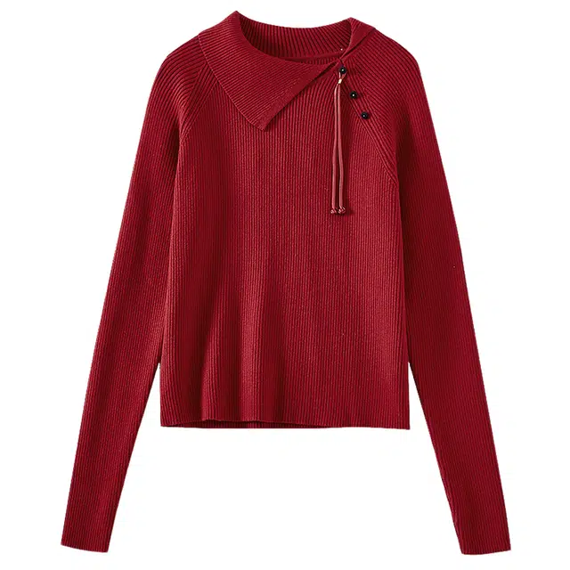 欧昵雪 斜领流苏挂绳时尚气质休闲毛衣 女款 红色