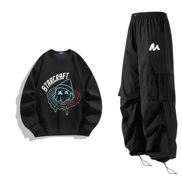 星际者 基础款休闲动感章鱼上衣潮流可抽绳两穿工装裤卫衣套装 男款