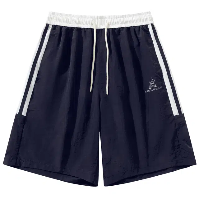 稻草人 美式复古条纹拼接撞色宽松休闲舒适透气速干百搭五分裤户外运动篮球系带松紧冰丝感休闲短裤 男女同款