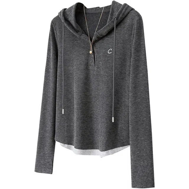 她池 休闲字母刺绣百搭卫衣 女款 深灰色