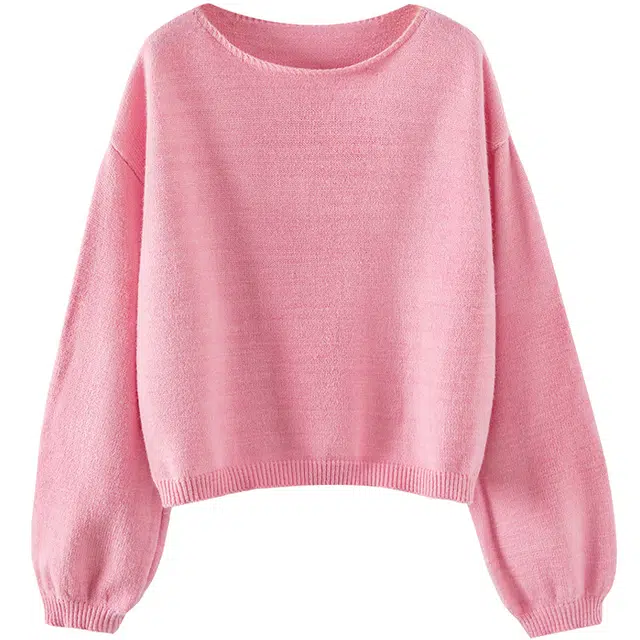 她池 圆领灯笼袖宽松短款套头上衣简约毛衣 女款