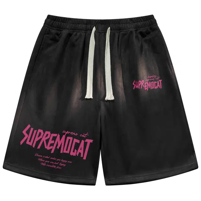 吾皇猫 麂皮绒美式复古简约百搭学院风字母印花中腰宽松系带薄款五分休闲短裤 男女同款