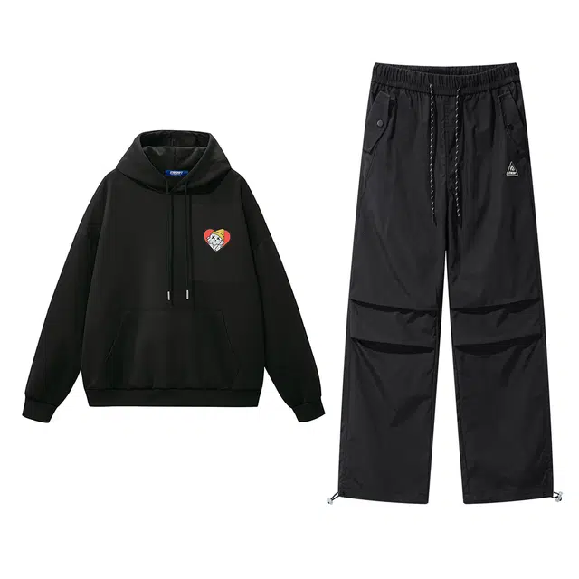 星际者 基础款可爱卡通印花学生时尚上衣潮流百搭宽松抽绳阔腿工装裤卫衣套装 男女同款