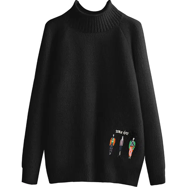 丝柏舍 简约上衣刺绣卡通图案半高领套头宽松长袖毛衣 女款