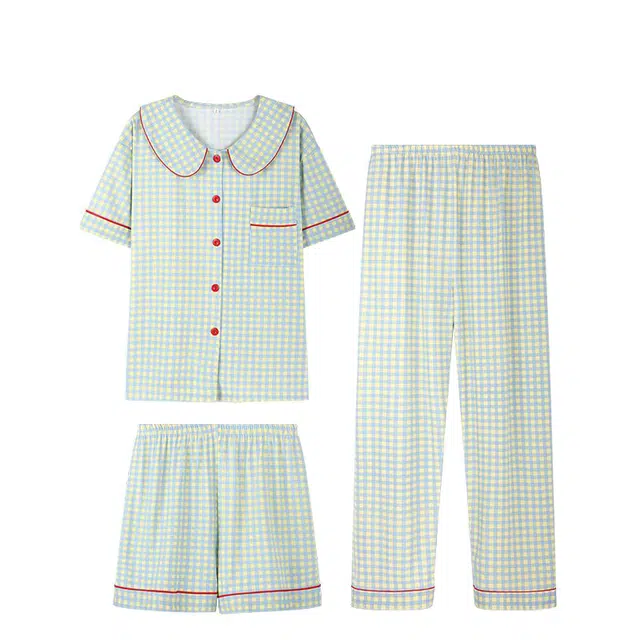 俏韵 翻领简约短袖上衣甜美休闲短裤家居服可外穿长裤睡衣套装 女款 格子