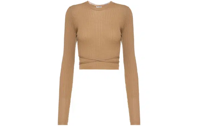 Miu Miu SS21 Logo Ribbed Wool Sweater Camel Brown