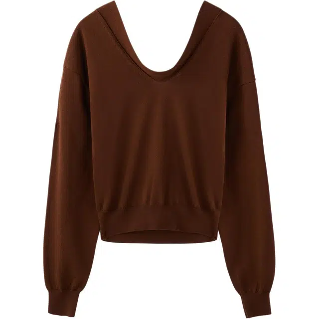 RECTO FW24 DRAPE COLLAR KNIT TOP RED BROWN