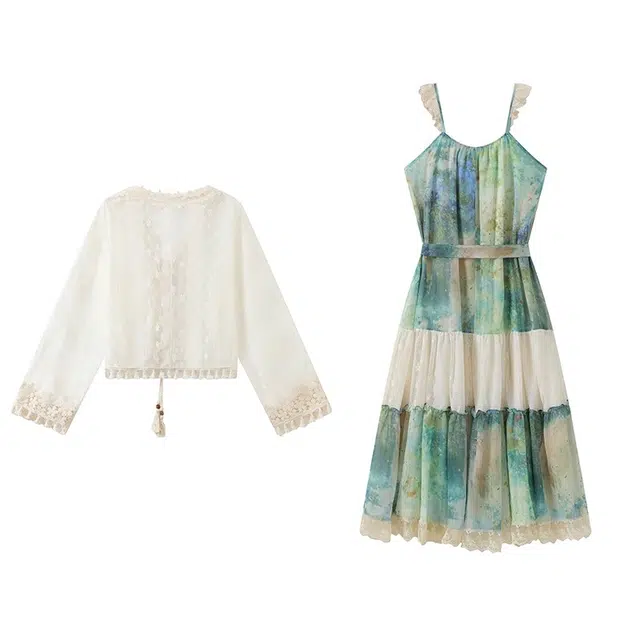 古莲菲 海边度假风女神范油画人生裙系带蝴蝶结贝壳设计感吊带长裙外搭两件套裙装套装 女款