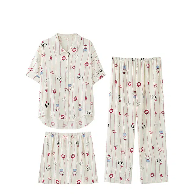 俏韵 翻领卡通短袖甜美休闲家居服可外穿睡衣套装 女款 白色