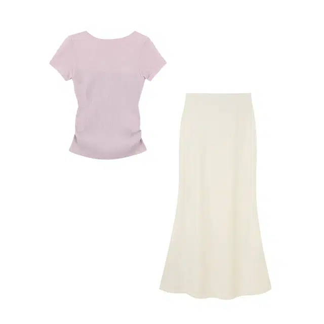 敲模女孩 文艺风修身打底收腰短款短袖上衣高腰长裙裙装套装 女款 粉紫
