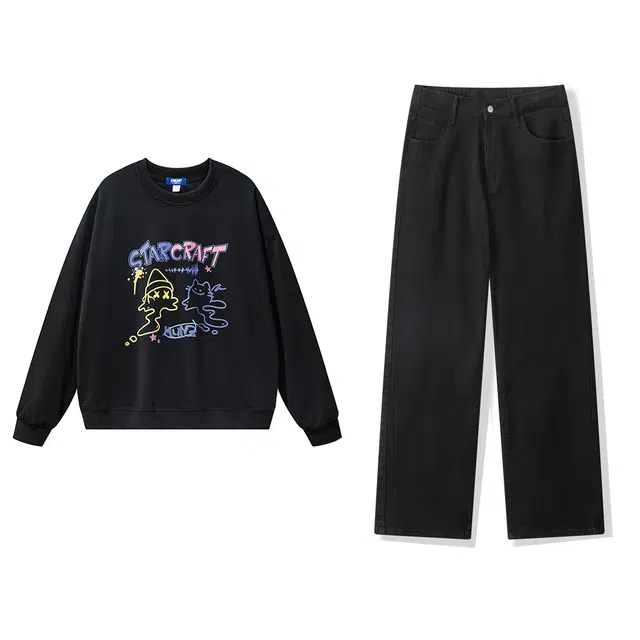 星际者 基础款卡通印花时尚潮流上衣简约高街直筒牛仔裤卫衣套装 男女同款