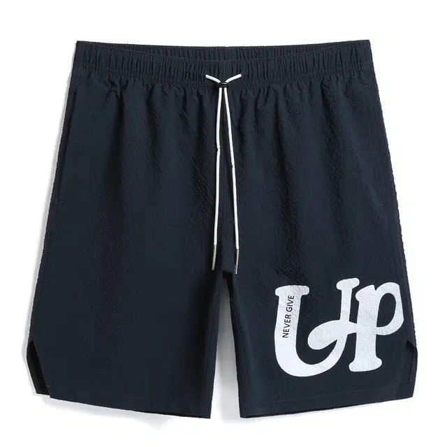 盖浪 泡泡纱肌理字母印花系带宽松五分休闲短裤 男款 藏青色