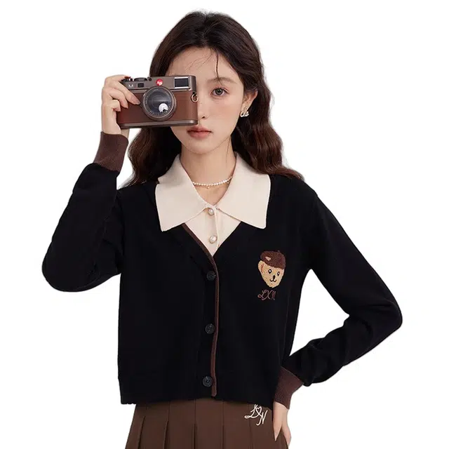 鹿向南 学院风翻领气质时尚毛衣 女款 黑色