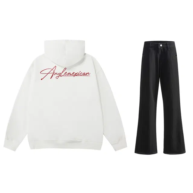 稻草人 美式高街手绘花体学院风长袖连帽长袖上衣水洗做旧宽松休闲直筒垂感百搭黄泥染牛仔裤卫衣套装 男女同款