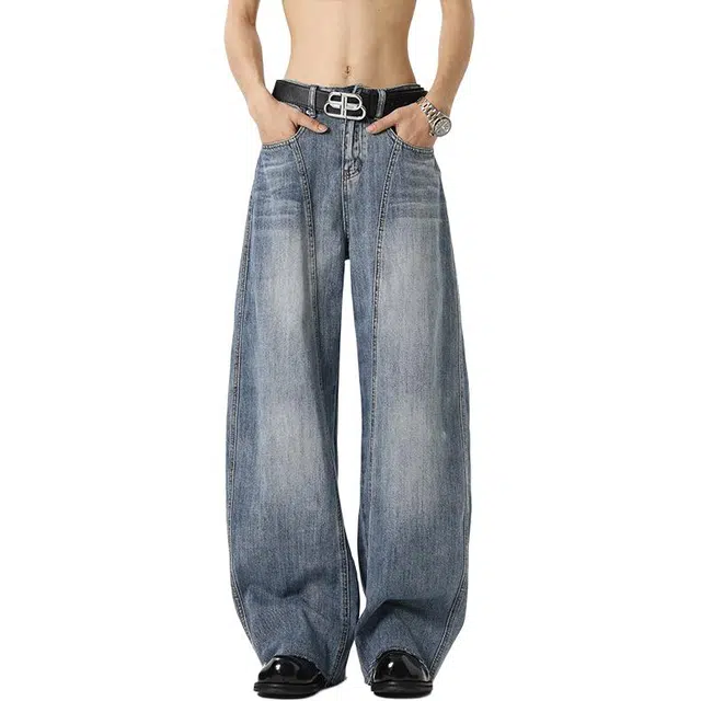 沃马 宽松直筒美式高街拼接弯刀水洗做旧阔腿舒适亲肤透气长裤牛仔裤 男女同款 蓝色
