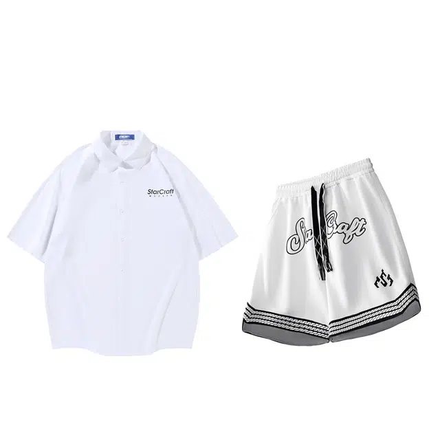 星际者 翻领休闲舒适短袖衬衫透气宽松简约短裤情侣套装 男女同款