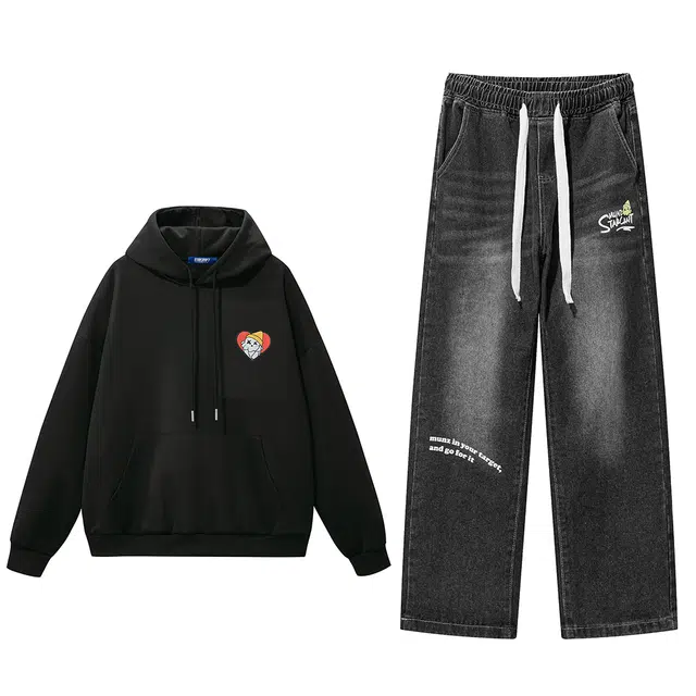 星际者 爱心章鱼涂鸦基础款百搭上衣休闲潮牌高街直筒牛仔裤卫衣套装 男女同款
